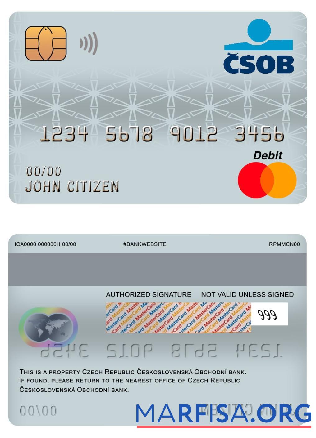 Printable Czech republic ceskoslovenská obchodní bank master debit card example